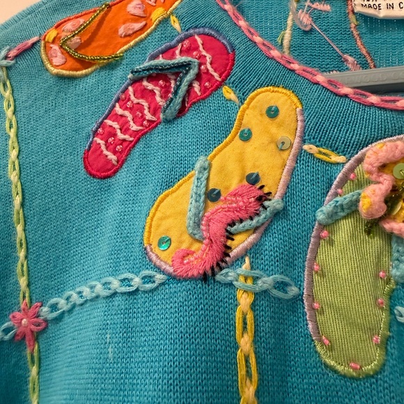 Jack B. Quick Embroidered Cardigan Sweater Flip Flop Motif Size M - Picture 4 of 7